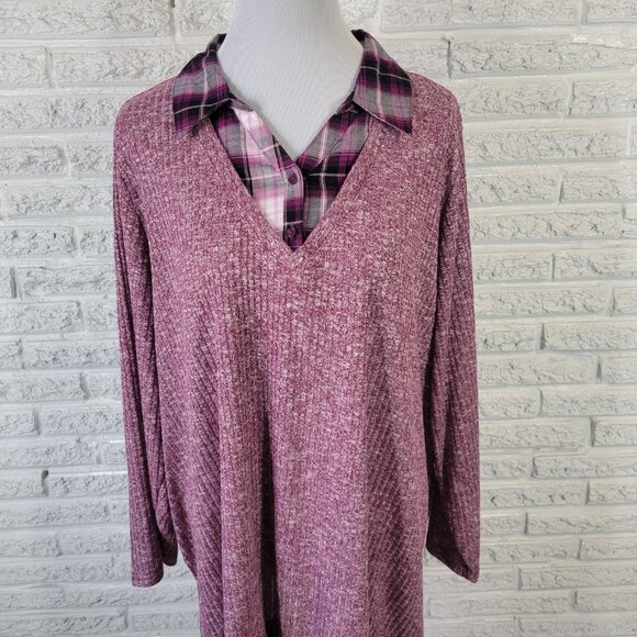 Catherines Womens Top 2X Plus Tunic Knit Purple Plaid Collar PLA59E - Picture 3 of 8